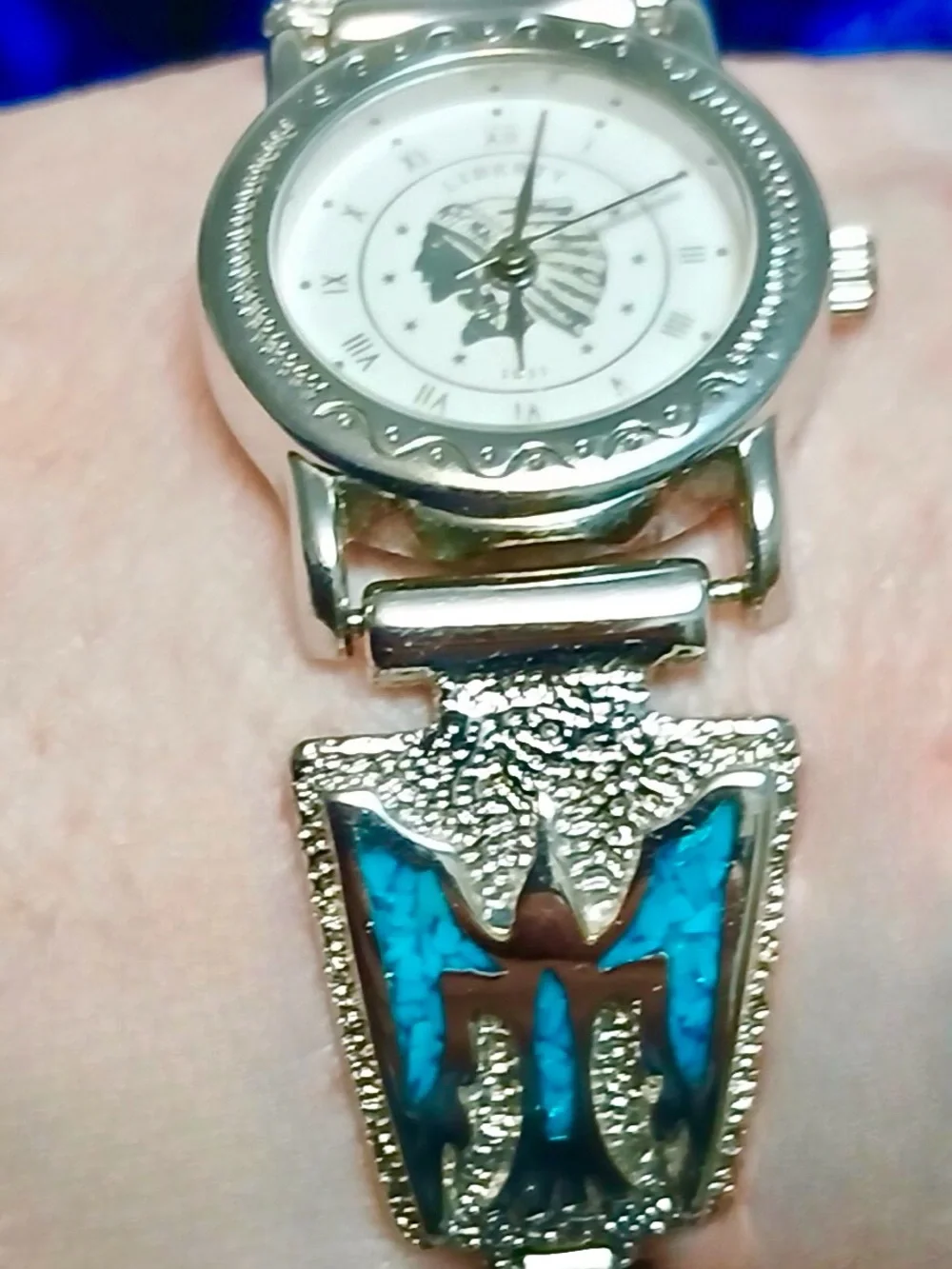 Silver Indian Chief Watch with Sterling Navajo Turquoise Inlay Thunderbird Tips